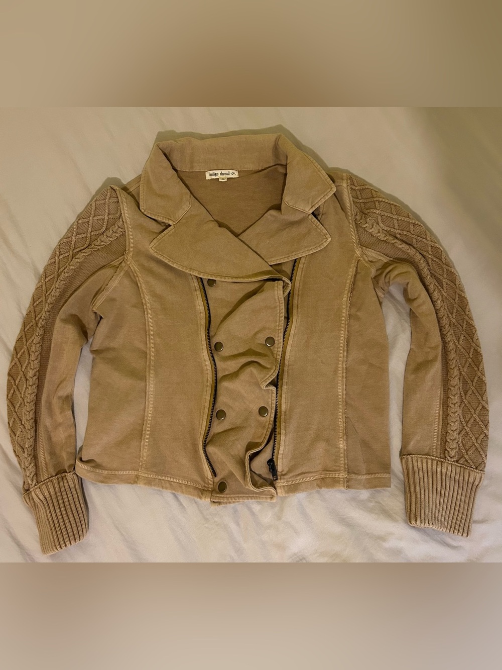Indigo Thread Co. Beige Moto Jacket Short Cotton Knit Sleeves Zip Snap Pockets